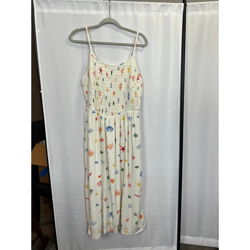 Women Nautical Sea Print Smocked Midi Dress White Rayon Pockets Strappy Beach
